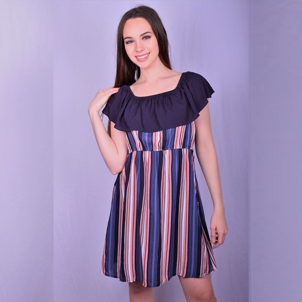 Navy, Red, & White Stripe Off Shoulder Mini Dress